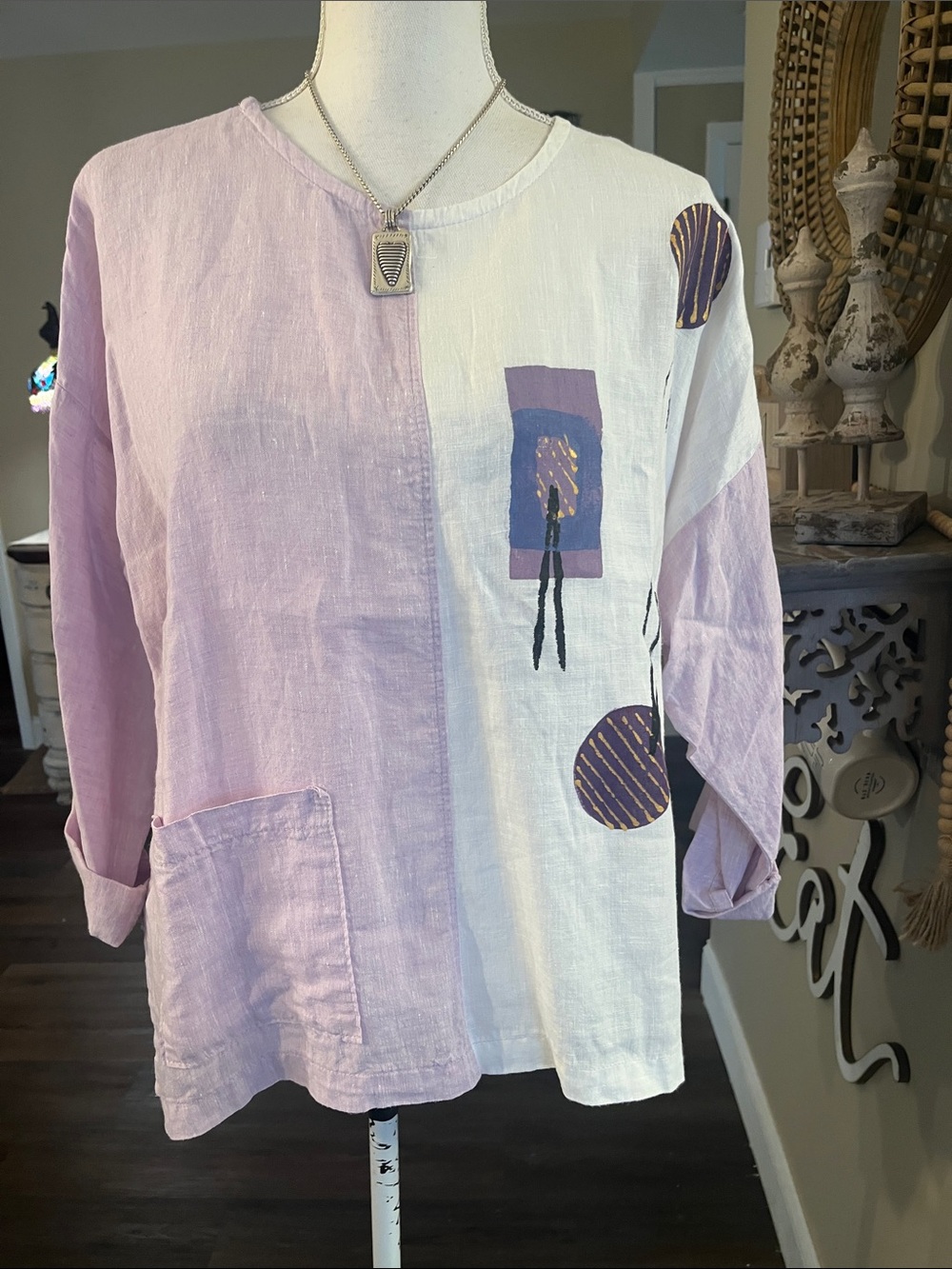Odile Anthropologie Women’s Lavender & White Colorblock Tunic Top